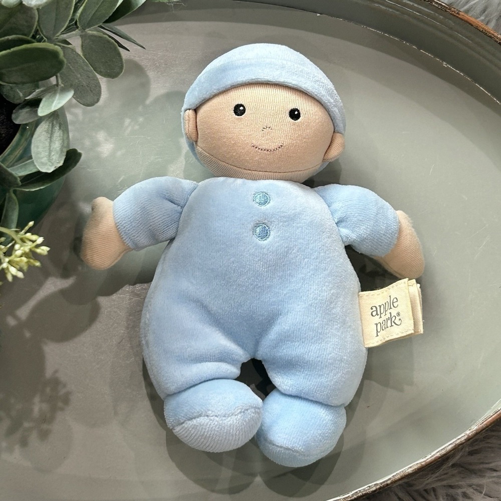 Apple Park My First Baby Doll Blue Organic Cotton Plush Rattle Toy Doll 8"